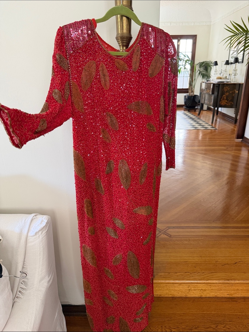 Vintage Red Sequin Long-Sleeve Maxi Dress with Gold Leaf